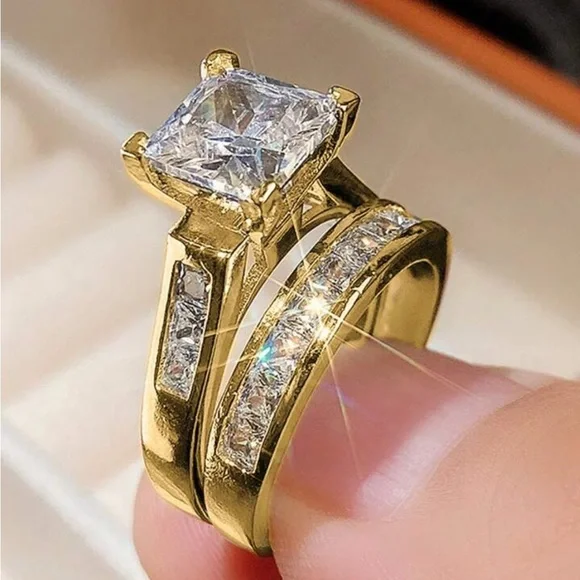 Princess Cut Moissanite Engagement and band set, 14K Yellow Gold Plated Set - Picture 5 of 11